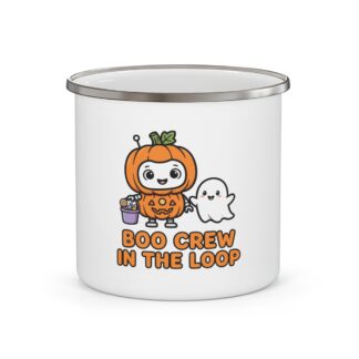 Human-N-Loop Enamel Camp Mug – Pumpkin Bot Boo Crew
